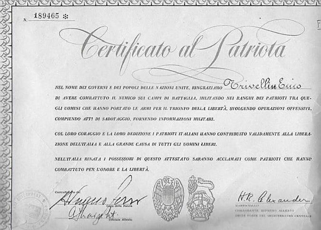 Certificato al patriota Ennio Trivellin