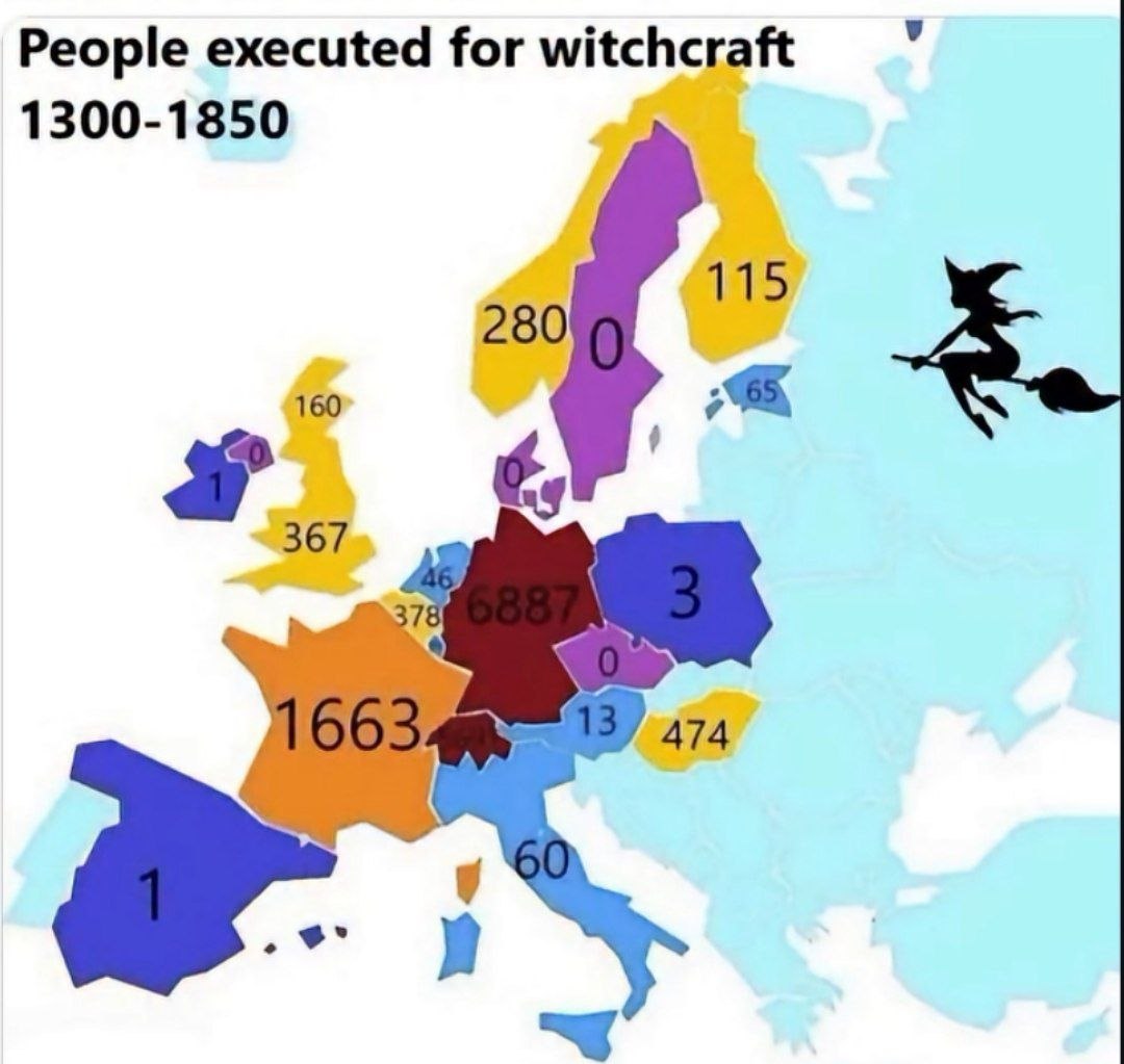 NUMERO DI STREGHE GIUSTIZIATE PER STREGONERIA NEI TERRITORI DEGLI ATTUALI PAESI EUROPEI TRA IL 1300 E IL 1850.